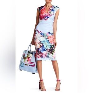 Ted Baker Light Blue Floral Sheath Dress with Multi-Color Bouquet Print